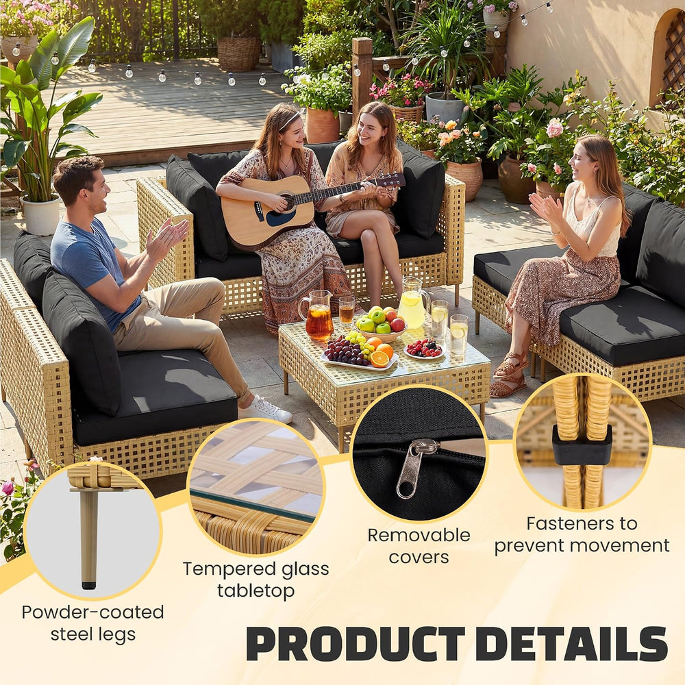 LHBcraft 7-Piece Patio Furniture Set, Handmade Rattan Outdoor Furniture Set, ...