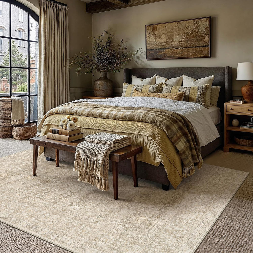 PureCozy Washable Area Rug 8x10 Beige Distressed Netural Vintage Carpet