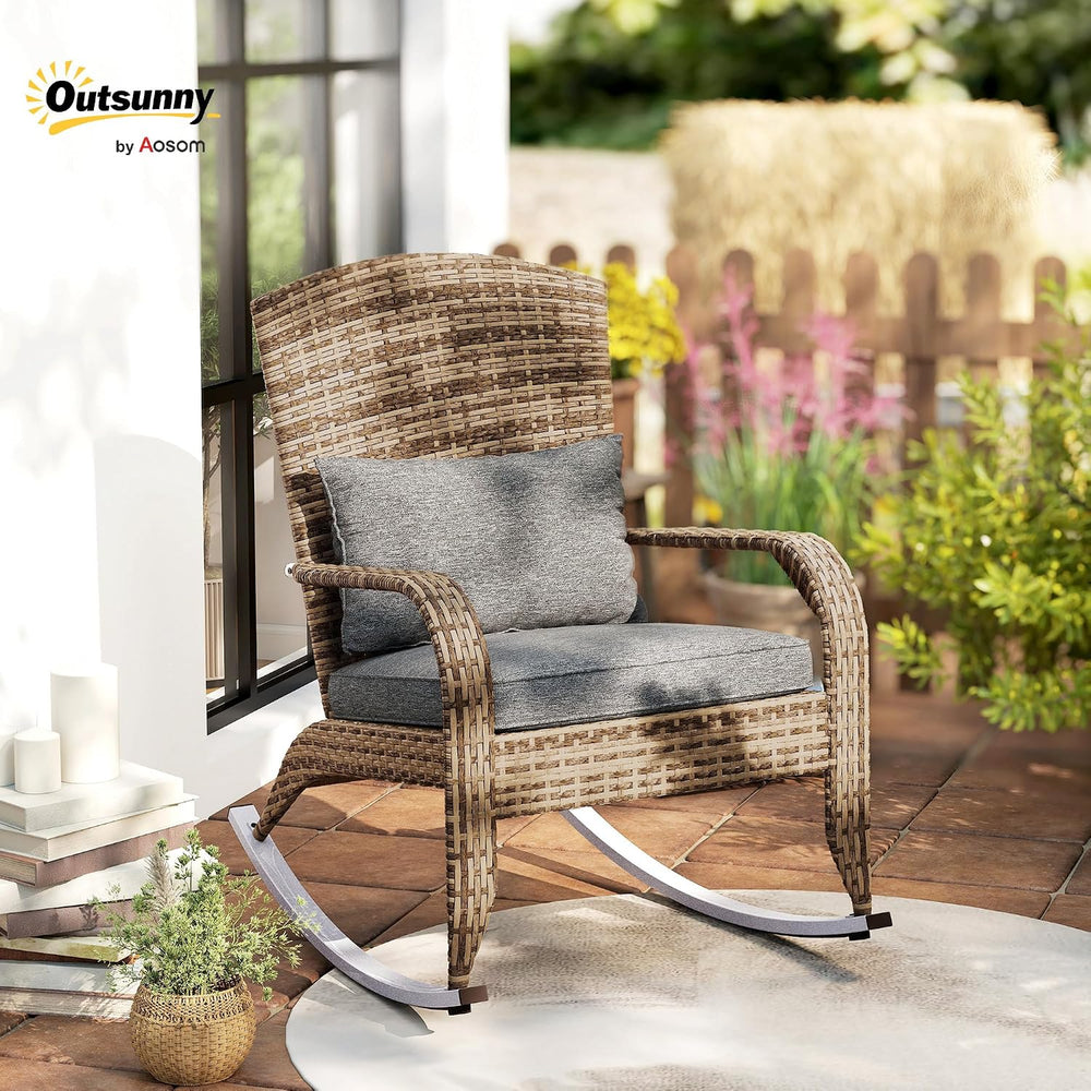 Outsunny Outdoor Wicker Adirondack Rocking Chair High Back Gray