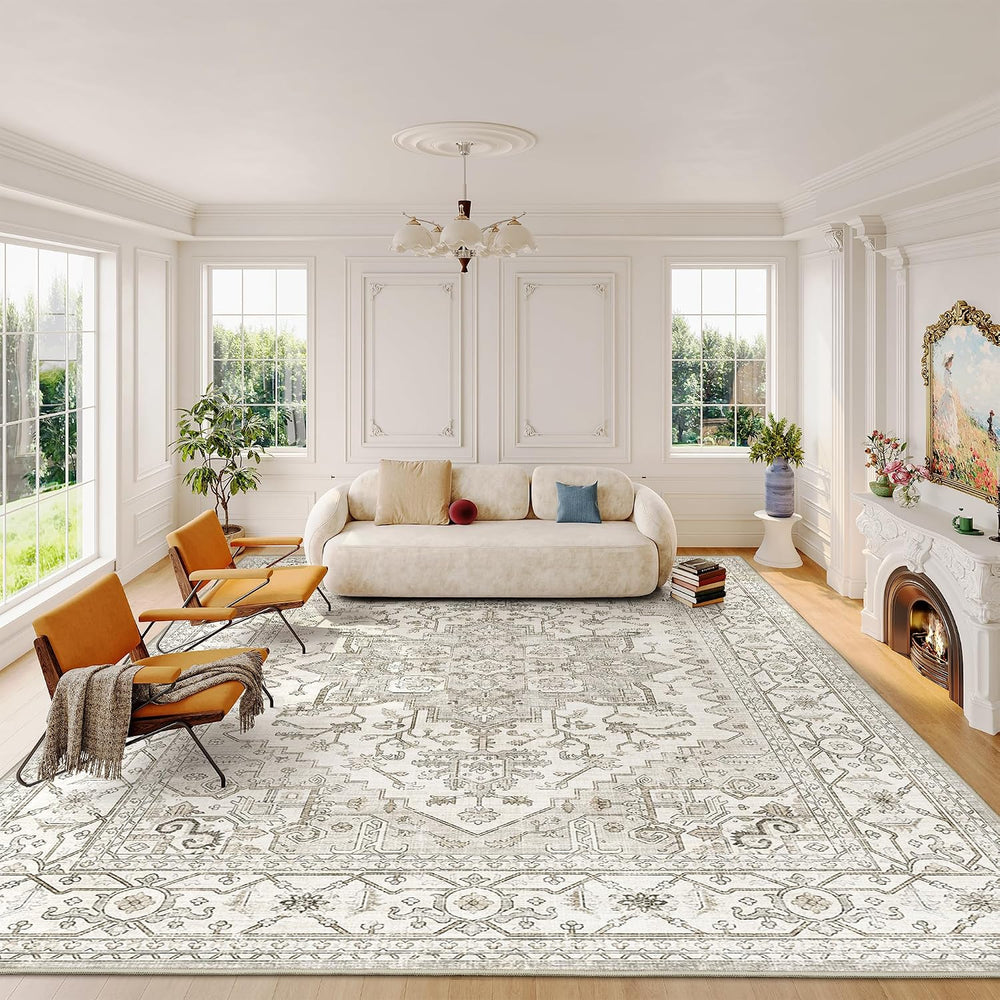 befbee Washable Area Rug 8x10, Large Neutral Beige Carpet for Living Room