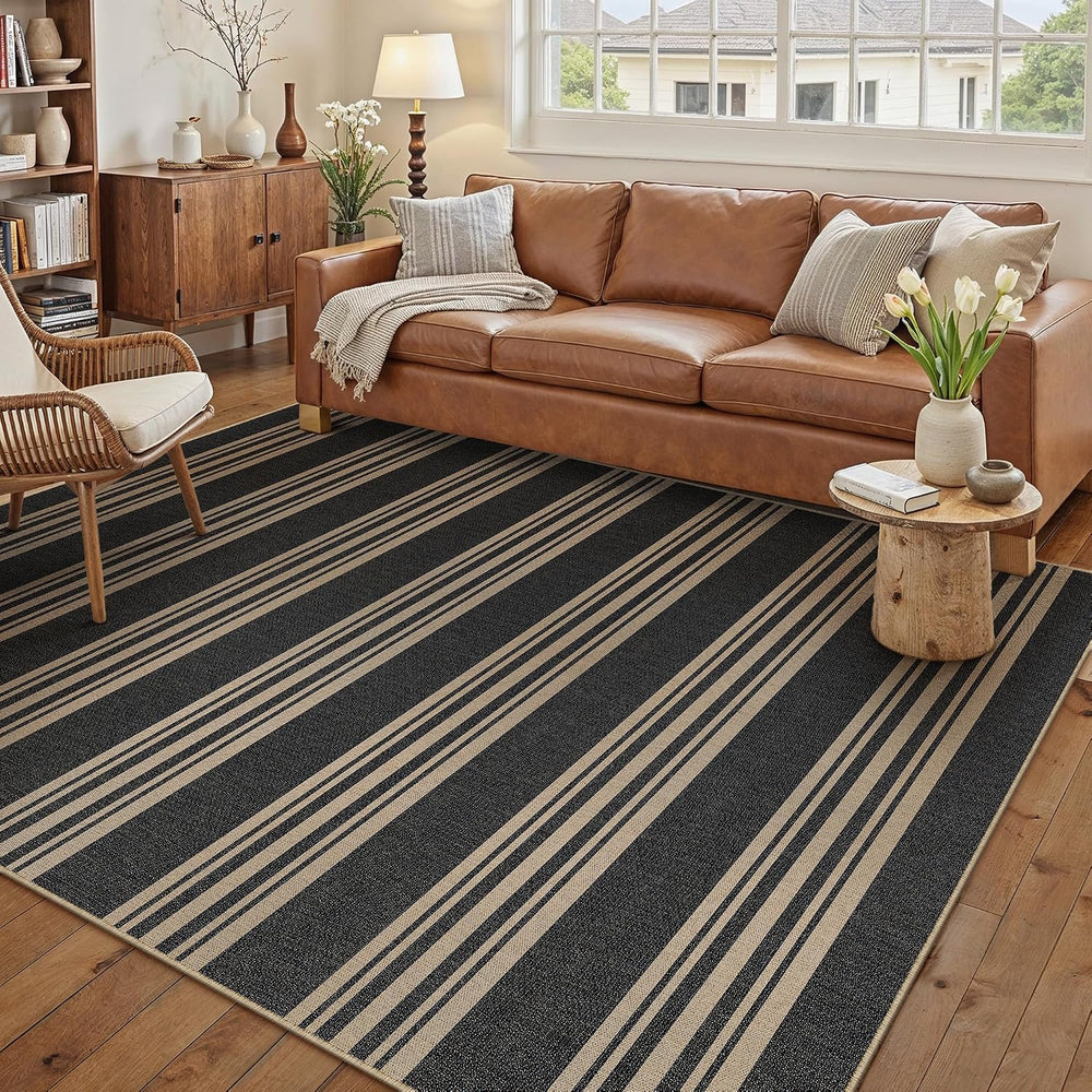 PureCozy Outdoor Rug 5x7 Washable Striped Jute Look Non Slip Carpet