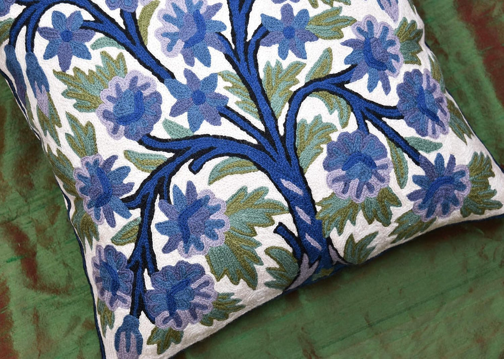Blue Tree of Life Pillow Cover Indigo Plant Floral Pillowcase Needlepoint Bot...
