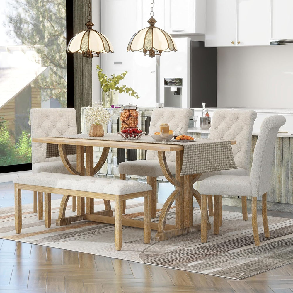 Merax 6-Piece Solid Wood Dining Table Set for 6, Wood Rectangular Kitchen Tab...