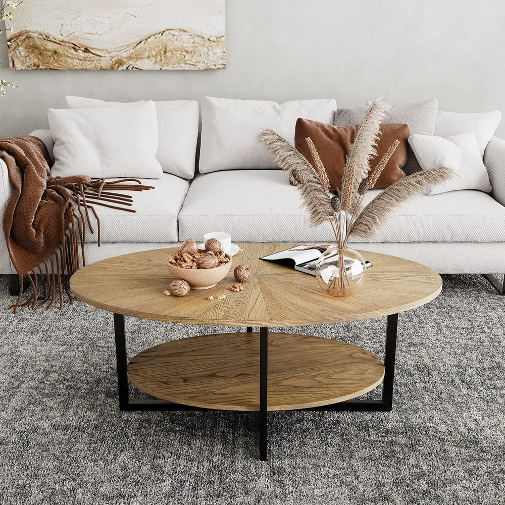 Wood Oval Coffee Table with Storage Shelf, 2-Tier, Rustic Nature