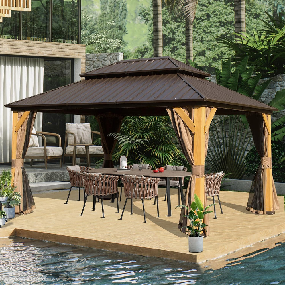 Domi 10' X 14' Wood Gazebo, Cedar Frame Hardtop Gazebo with Galvanize...