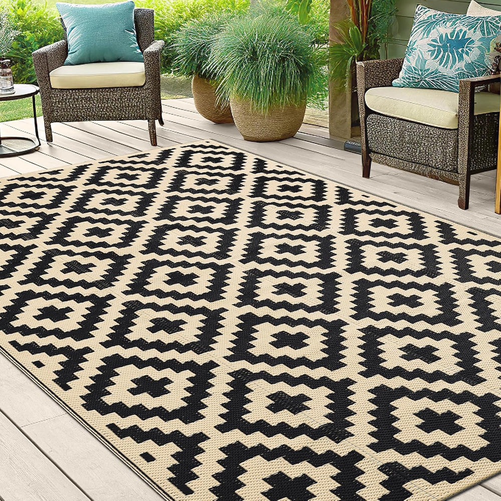 Smiry Outdoor Rug 5x8 ft Waterproof Reversible Boho Mat, Black & Beige