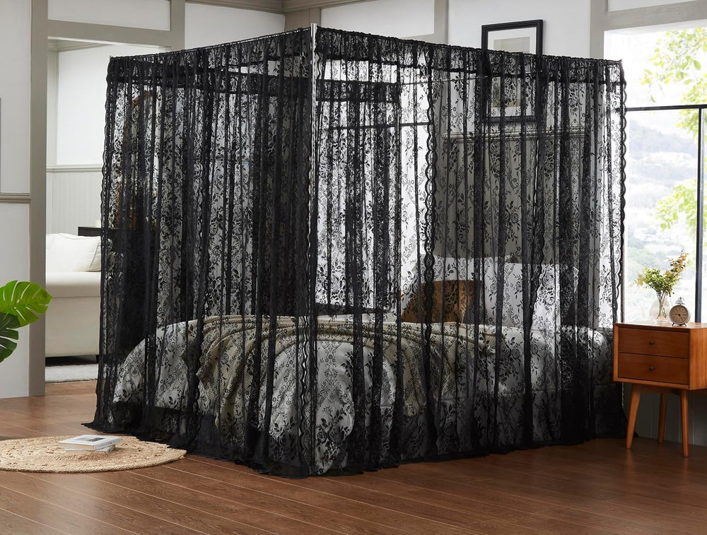 Warm Home Designs Black Lace Canopy Bed Curtains with Tie-Backs. LC Black