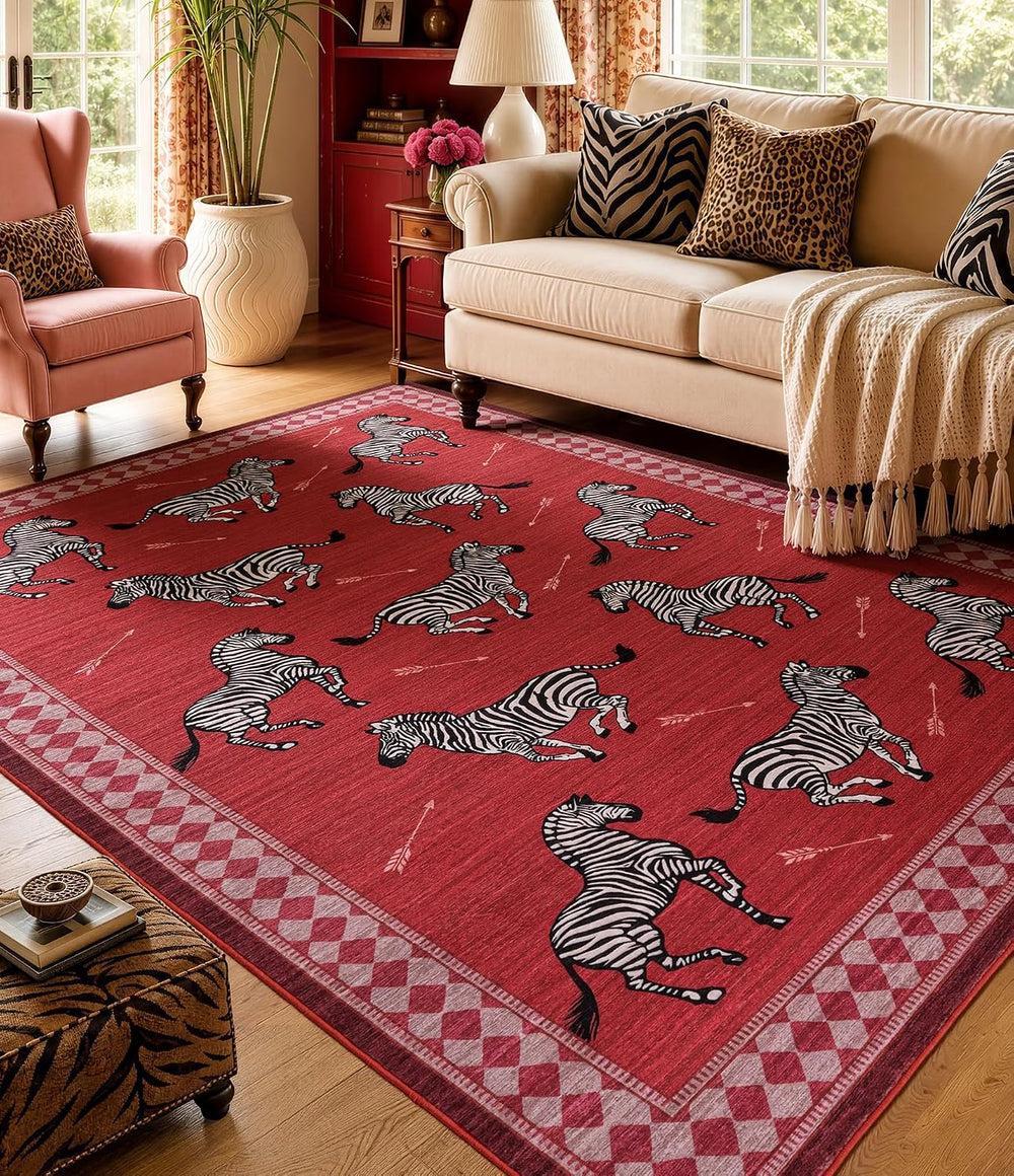 YIHOUSE Red Zebra Area Rugs 6×9, Washable Animal Print Rug with Checkered Bor...