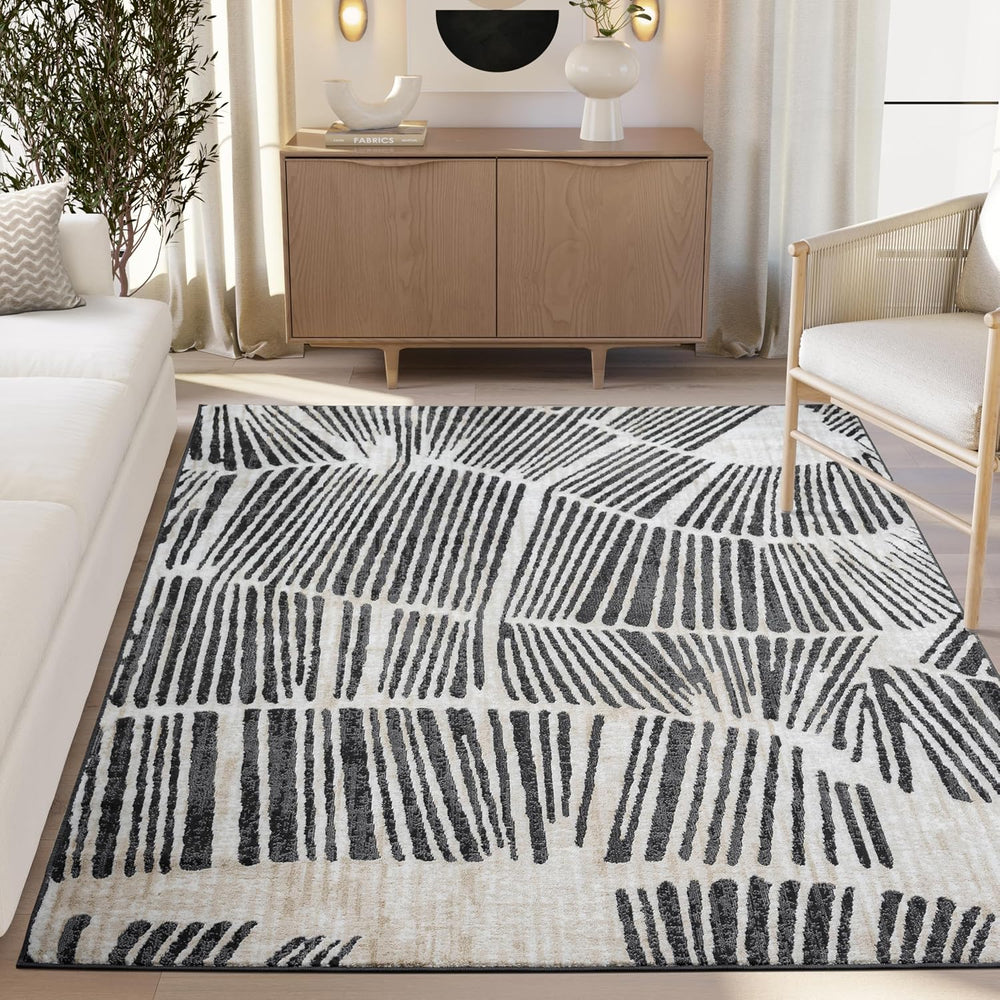Beige Black Linear Wave Contemporary Area Rug – 5' x 8' – Modern Arti...