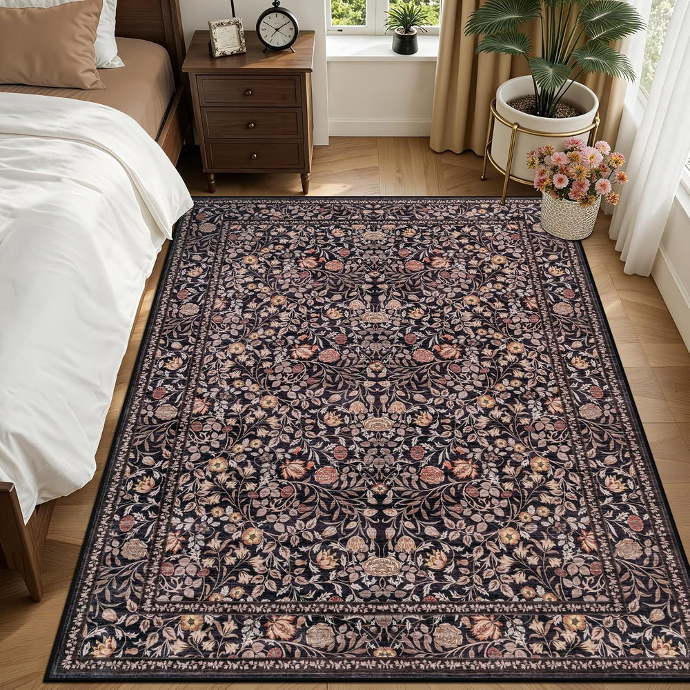 5x7 Area Rug Living Room: Soft Floral Washable Boho Carpet Brown