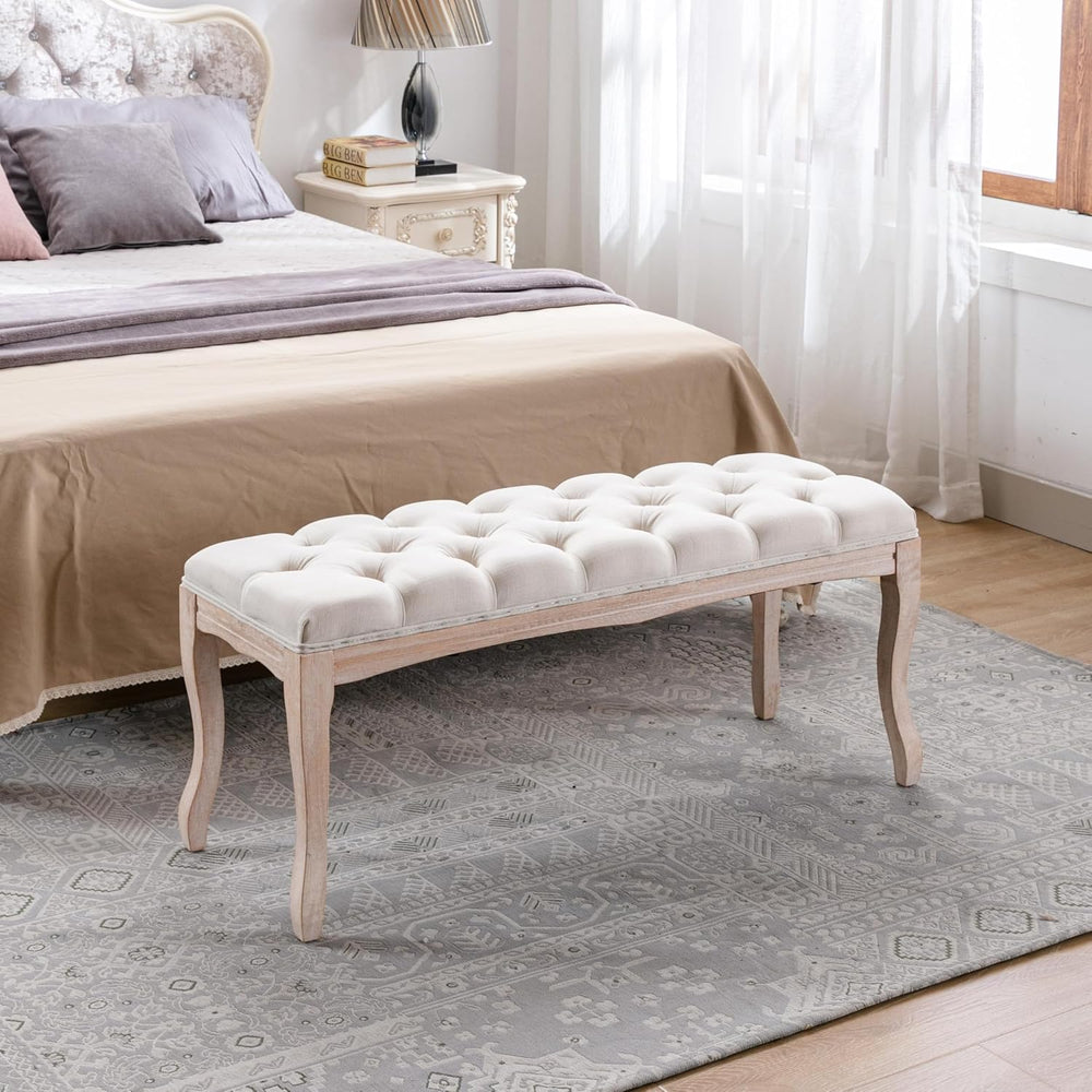 French Upholstered Tufted Entryway Bench, Mid-Century Vintage Linen Fabric Ot...