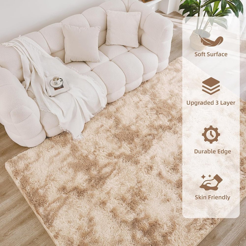Litanika 6x9 Shag Area Rug for Bedroom, Tie-Dyed Beige Plush Rug