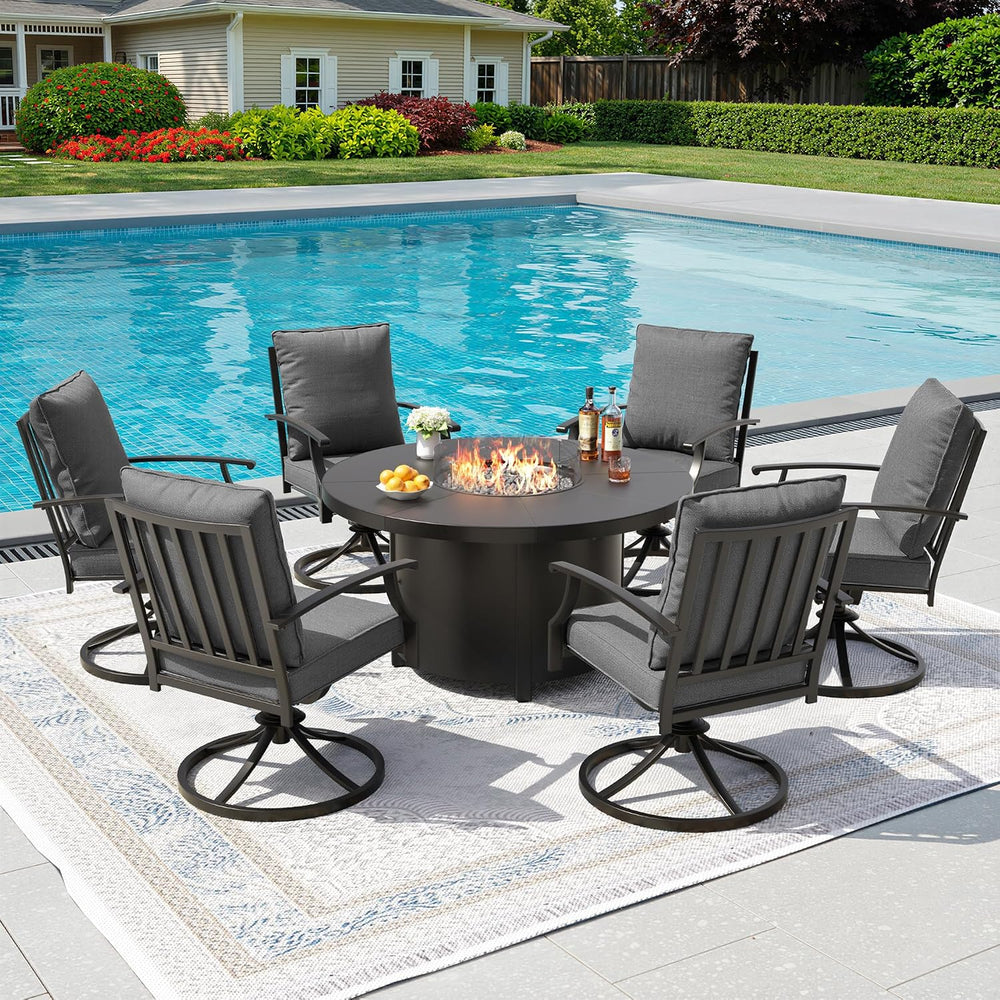 Kurapika 7 Piece Metal Moden Outdoor Patio Furniture Set with Round Fire Pit ...