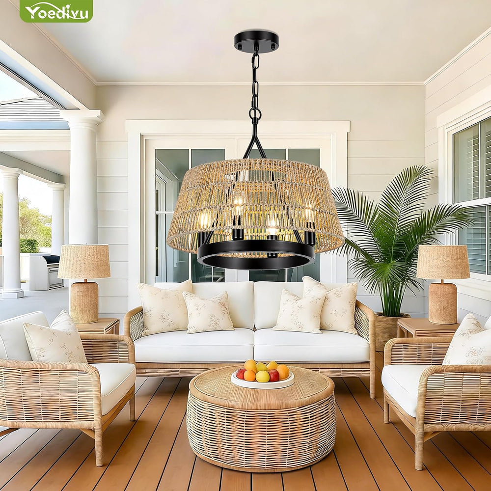 18 Inch 4-Light Boho Rattan Chandelier, Hand Woven Farmhouse Chandelier Ratta...