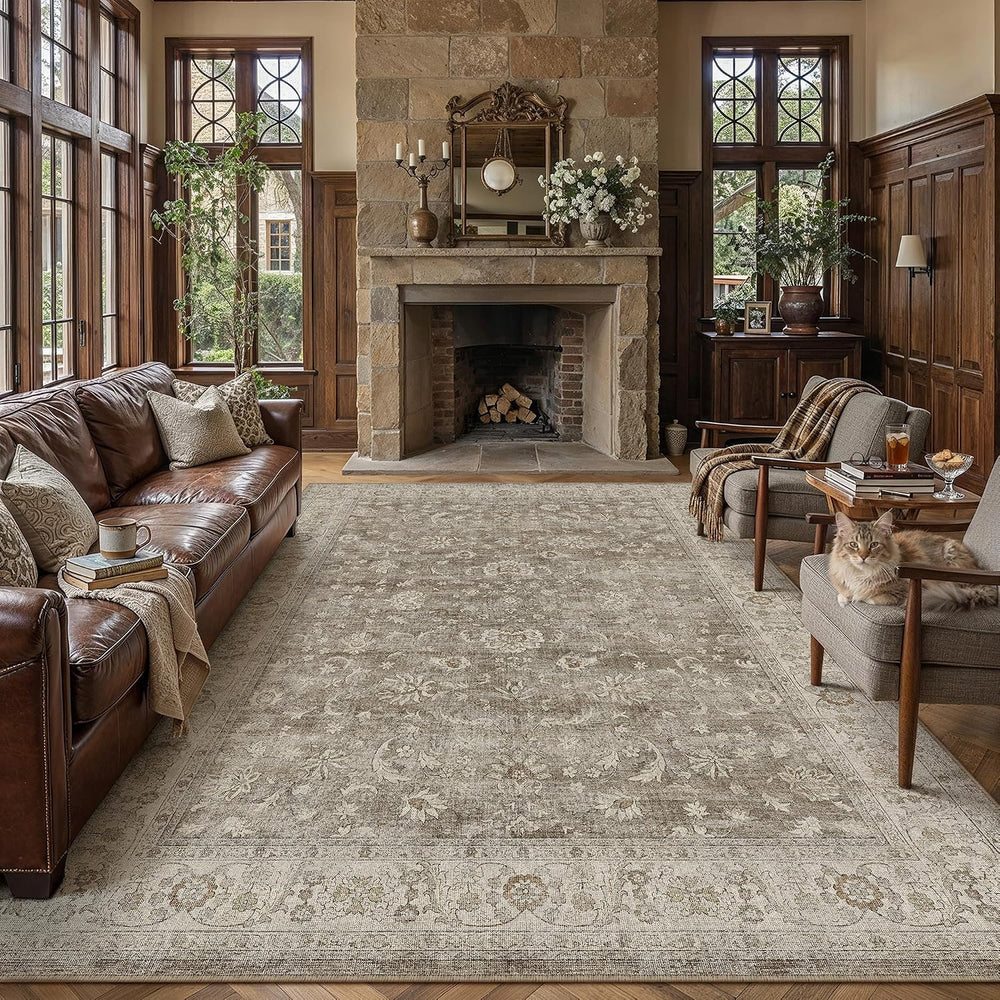 PureCozy Brown Gray Area Rug 8x10 Vintage Floral Distressed