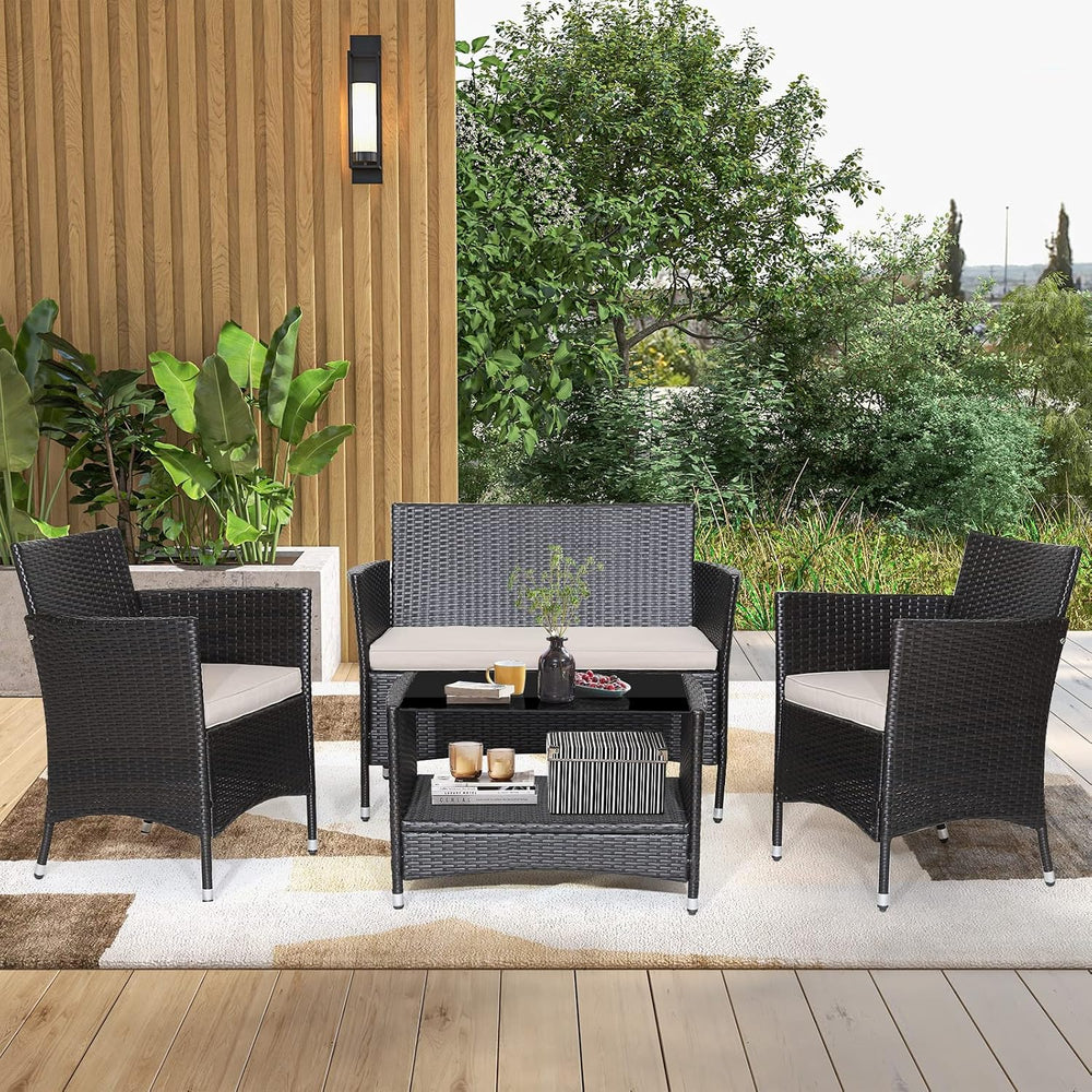 Tangkula 4 Pieces Patio Furniture Set, Patiojoy Outdoor PE Wicker Conversatio...