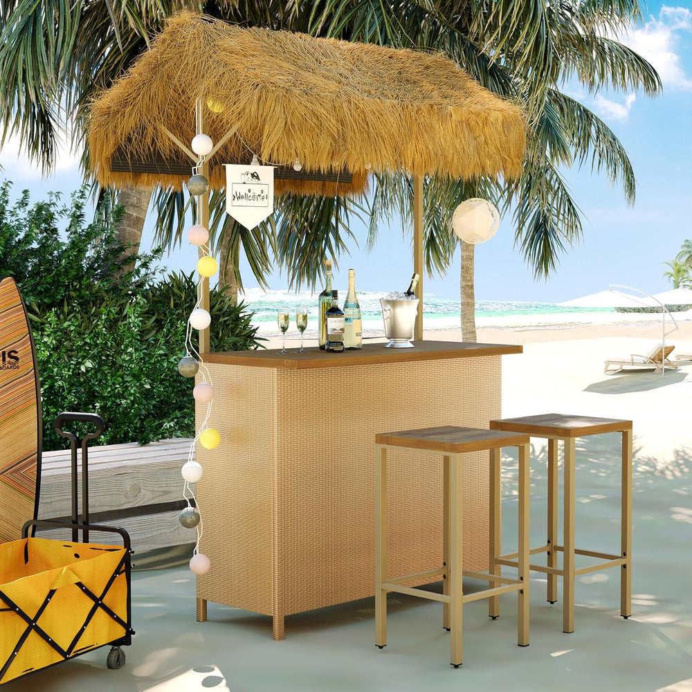 Outdoor Tiki Bar Set - 3 Piece Phuket Patio Wicker Islander Tiki Bar and 2 St...