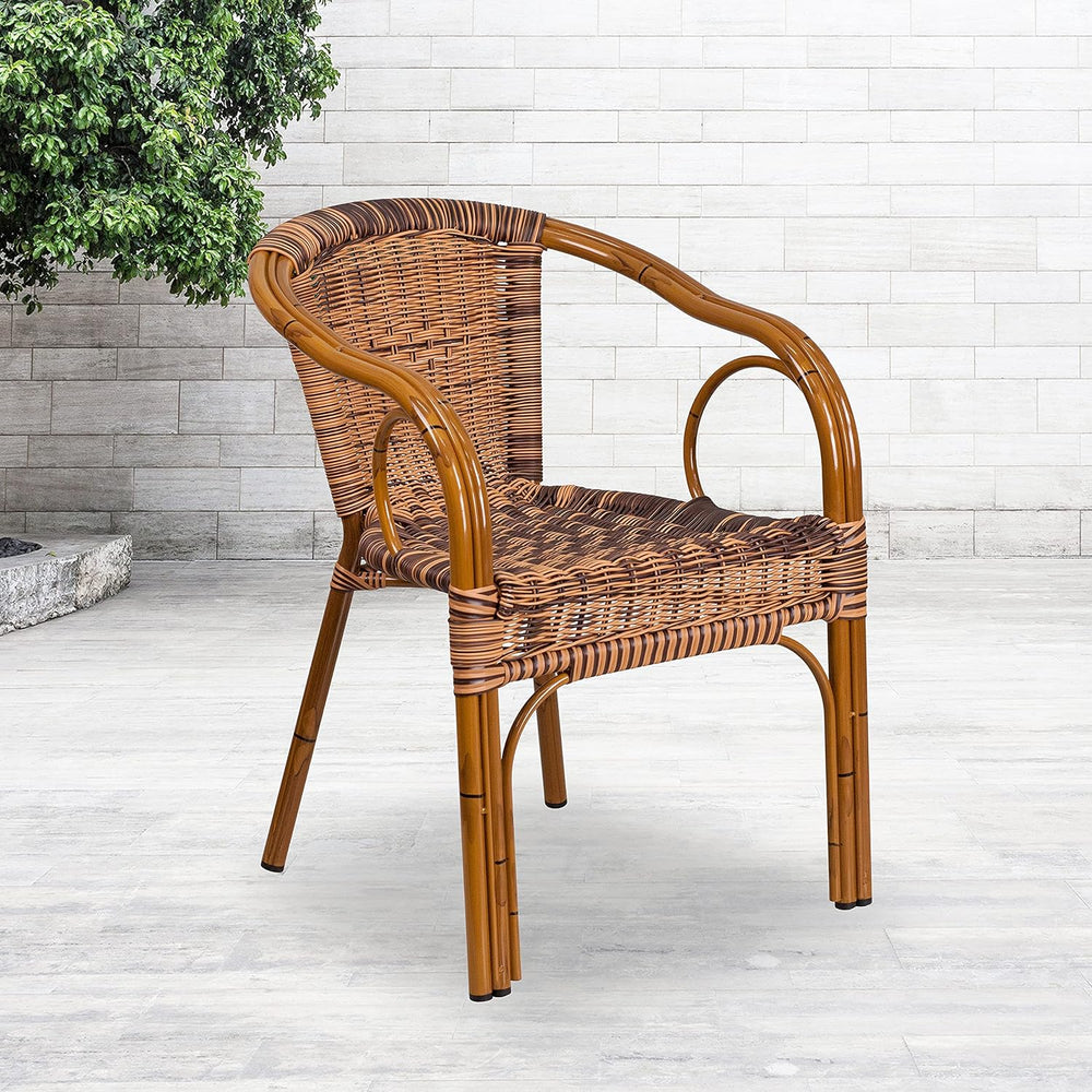 EMMA + OLIVER Brown Rattan Patio Chair with Dark Red Bamboo