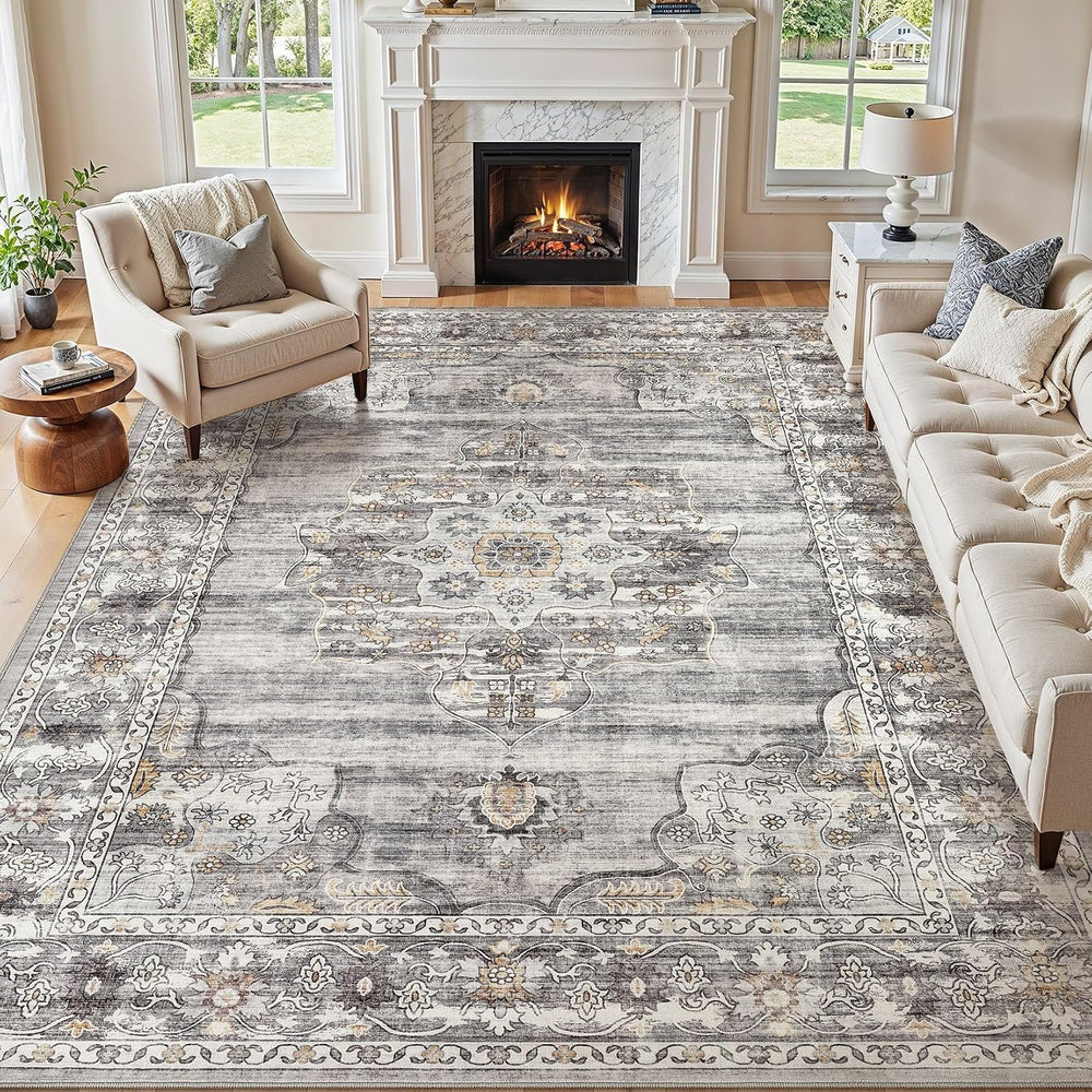 Vintage Washable 7x9 Area Rug, Non-Slip Indoor Carpet, Grey