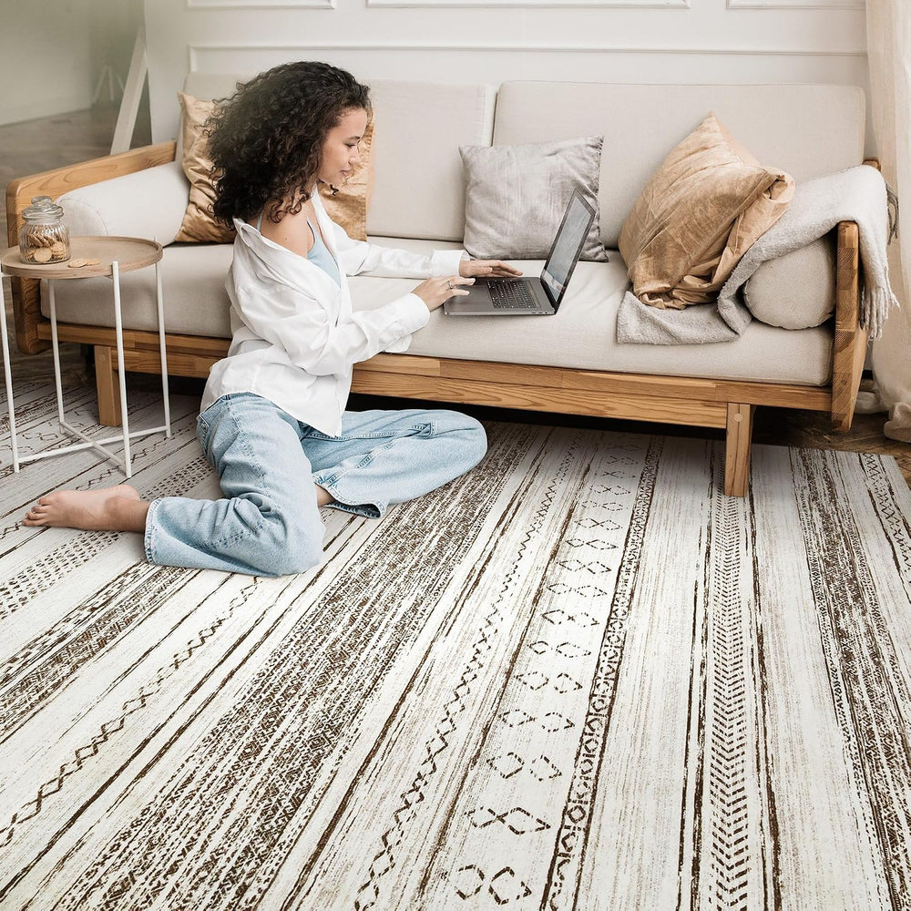 Tortania Area Rug Living Room Rugs - 5x7 Washable Large Soft Neutral Boho Mor...