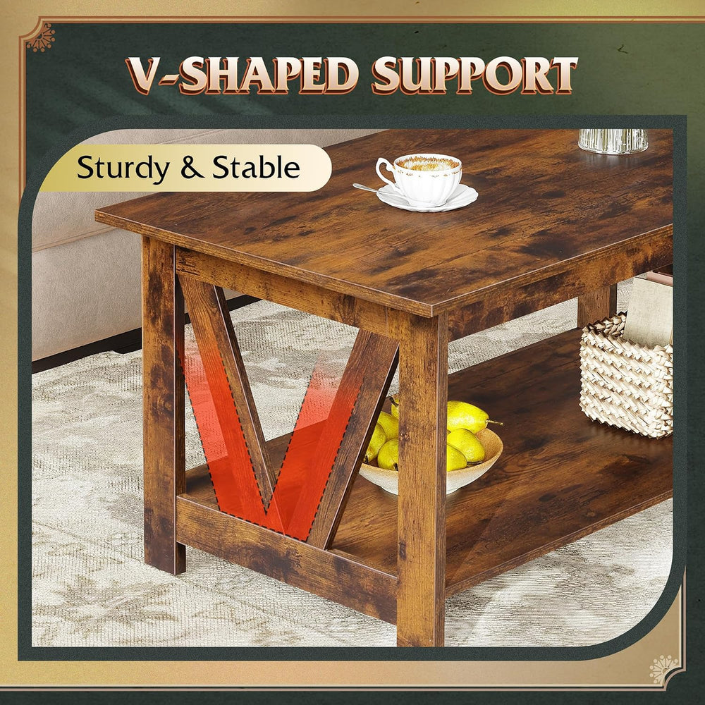 WLIVE 39.4" Farmhouse Coffee Table, Wood Center Table Storage Dark Brown