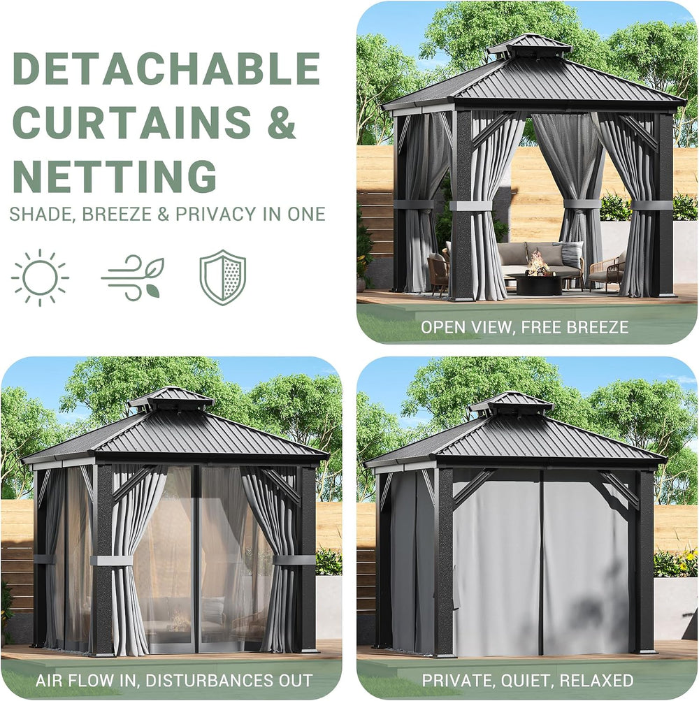AirWire 8'x8' Hardtop Aluminum Gazebo with Curtains & Netting Dar...