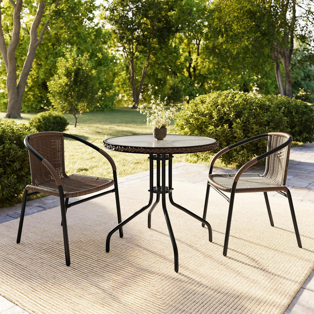 Flash Furniture Lila 28'' Round Glass Metal Table with Dark Brown Rat...