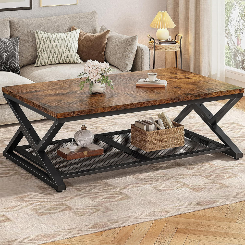 EnHomee Coffee Table, Storage & Shelf, X-Frame Stability, Rustic Brown