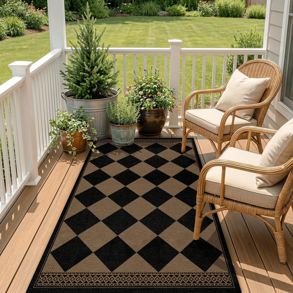Easy Jute Indoor Outdoor Rug 3x5, Brown Black Checkered Patio Front Porch Rug...