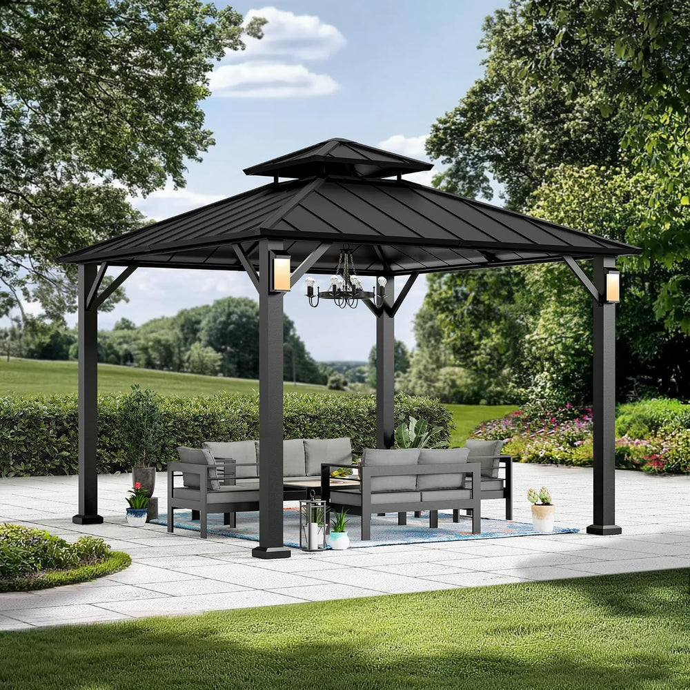 Modern Shade Hardtop Gazebo 10x10 with 4 LED Lights for Backyard, Black