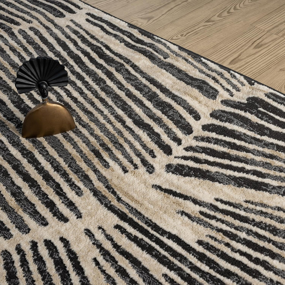 Beige Black Linear Wave Contemporary Area Rug – 5' x 8' – Modern Arti...