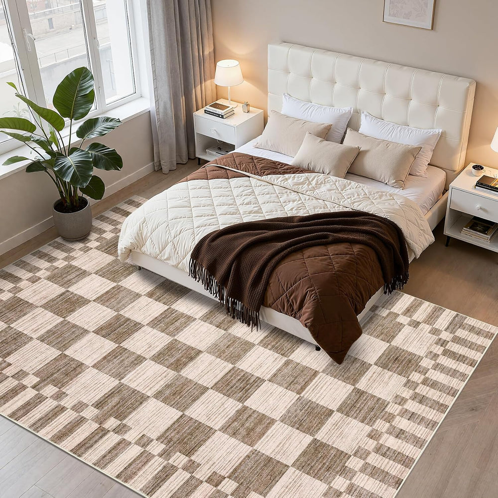 GarveeHome Brown Checkered Rug 5x7 Area Rugs Washable Living Room 5x7 Rug