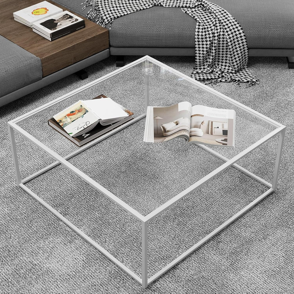 Glass Coffee Table Square Coffee Table for Small Space,Modern Minimalist Cent...