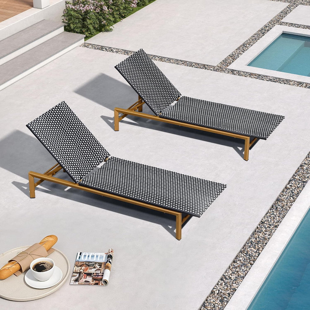 PURPLE LEAF 2 Piece French Patio Chaise Lounge Rattan Teak Frame, Black