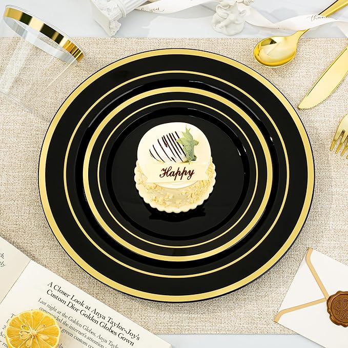 BESTVIP 600PCS Black Gold Dinnerware Set for 100 Guests, Plastic Plates for H...
