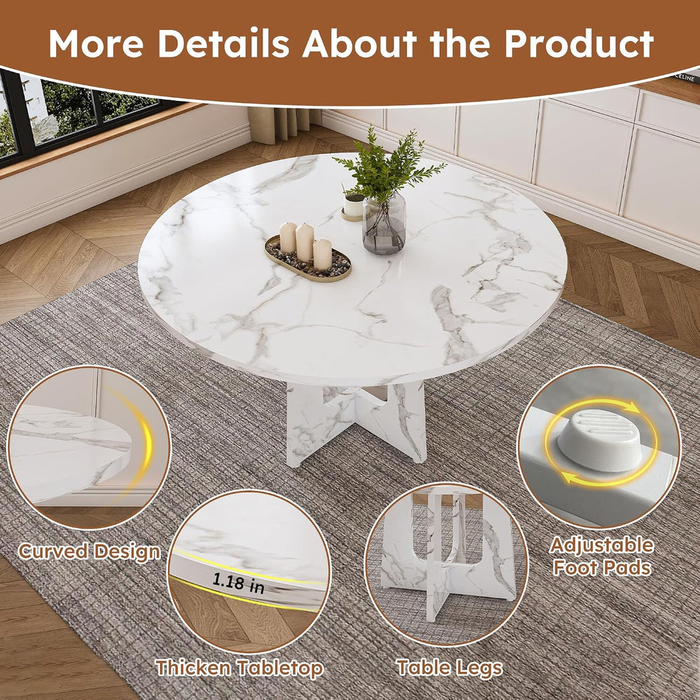47" Round Farmhouse Dining Table Set for 4, Circle White Faux Marble Kit...