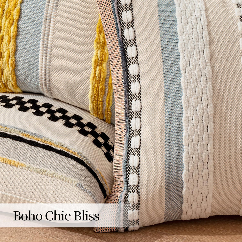 ANRODUO Boho Decorative Pillow Covers 18x18 Inch Black Stripe Pack of 2