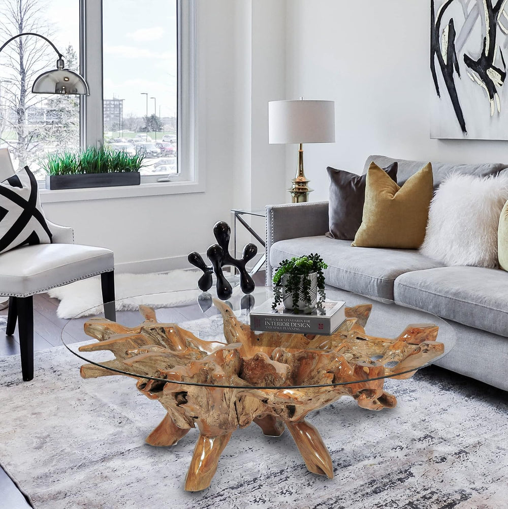 CHIC TEAK Genuine Teak Wood Root Coffee Table Including 55 Inch Round Glass T...