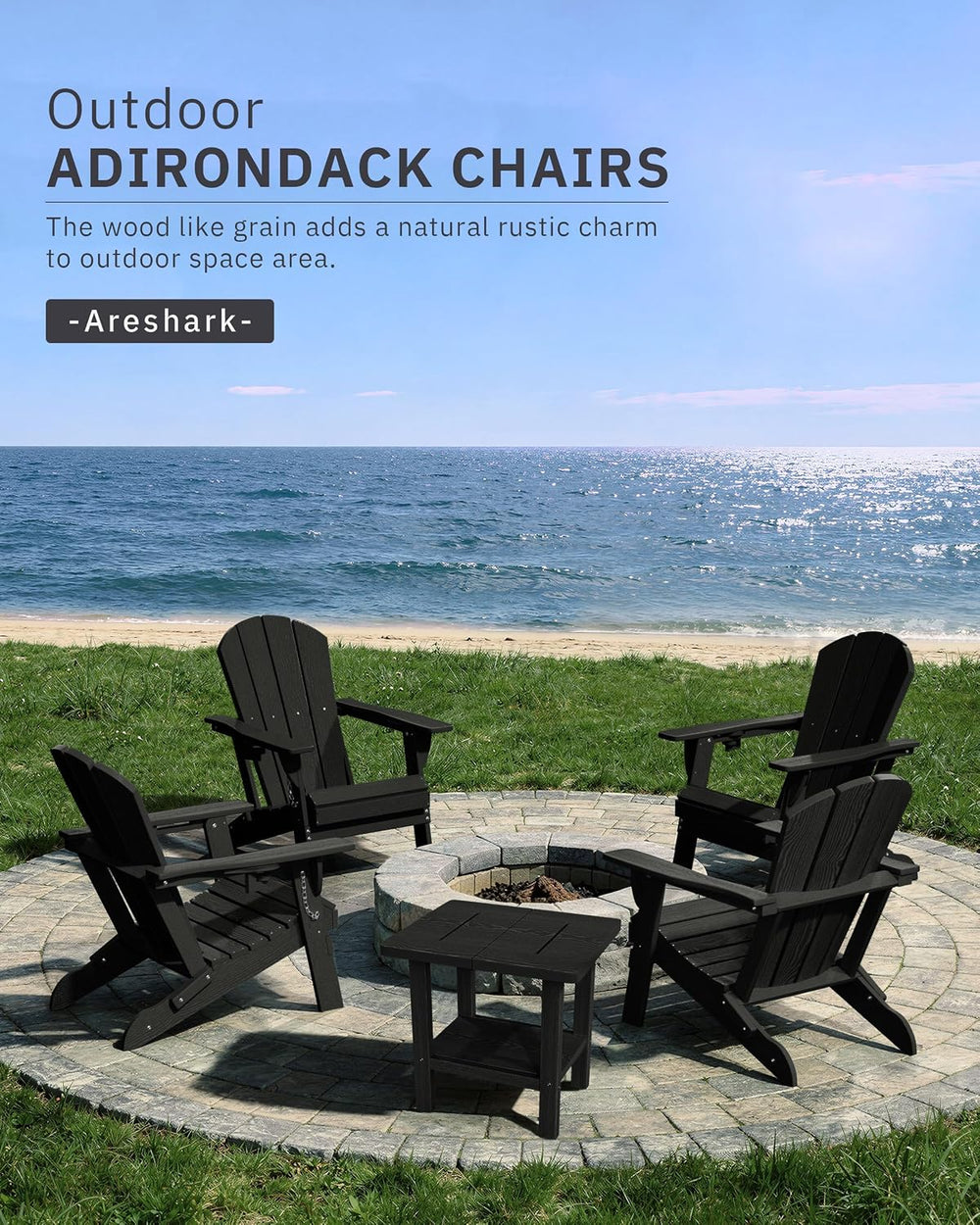 AreShark HDPE Folding Adirondack Chair with Cup Holder, Black