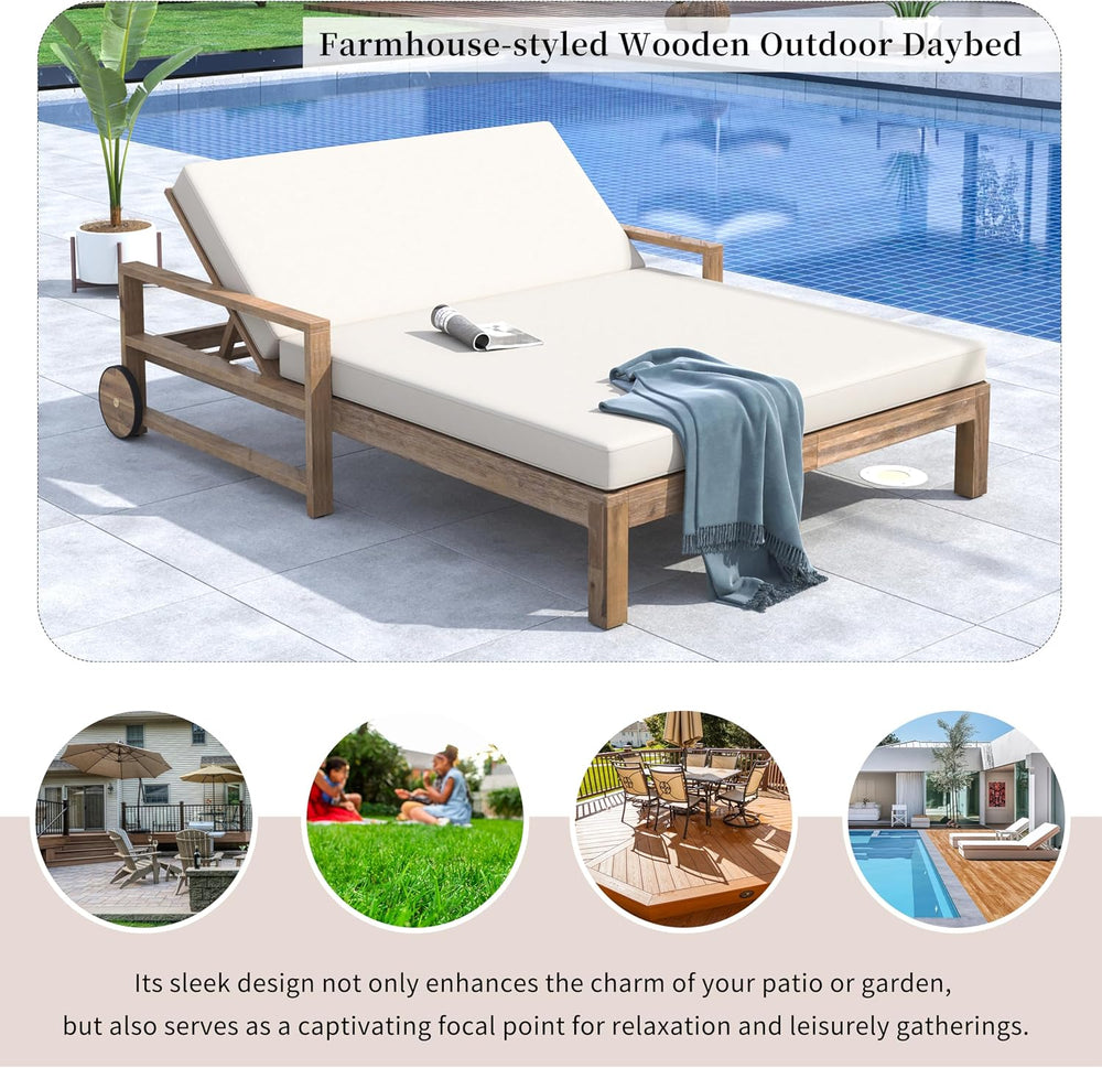 Farmhouse-Style Acacia Wood Outdoor Daybed for 2,Weather-Resistant Patio Loun...