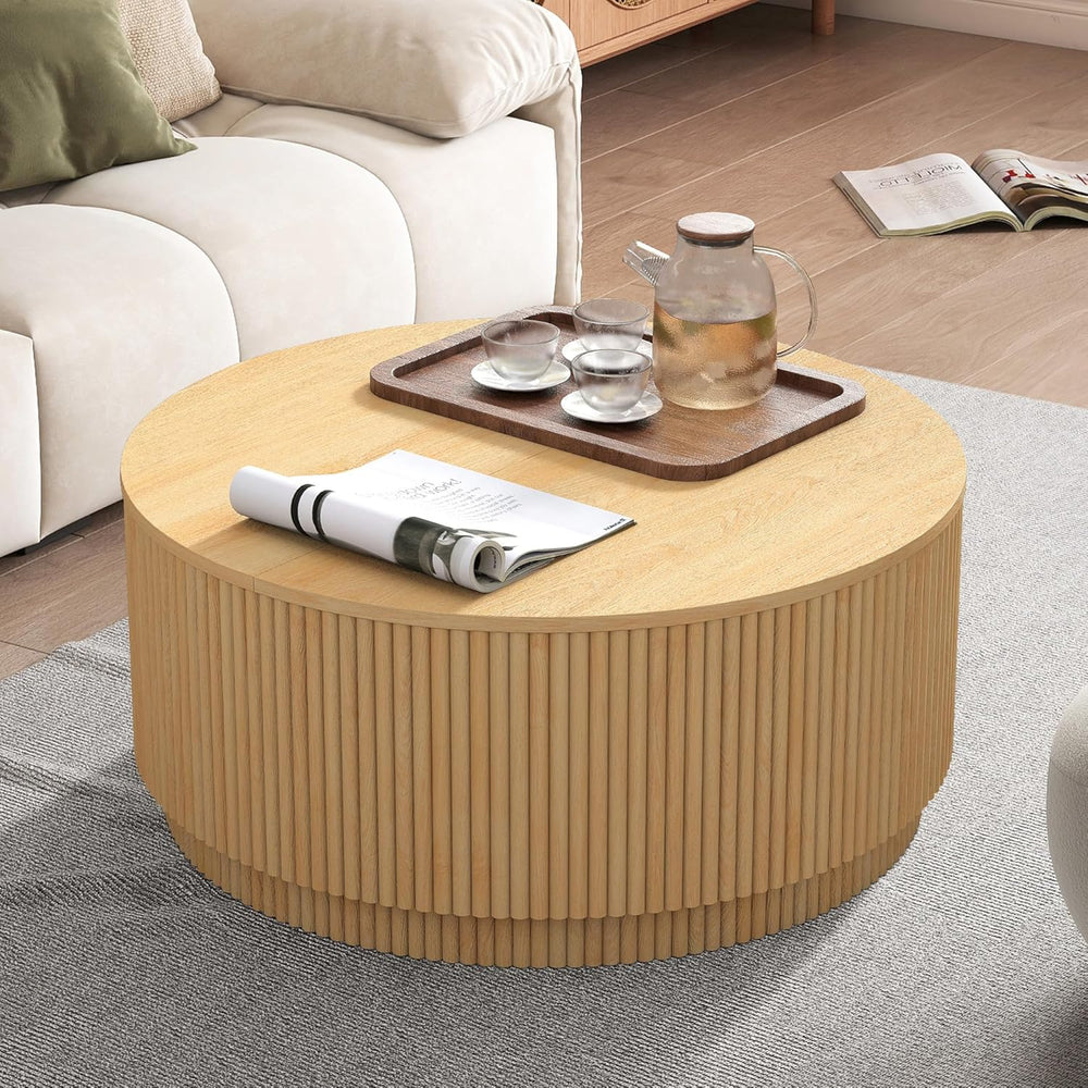 LEVNARY 31.5" Round Coffee Table with Storage, Boho Coffee Tables with F...