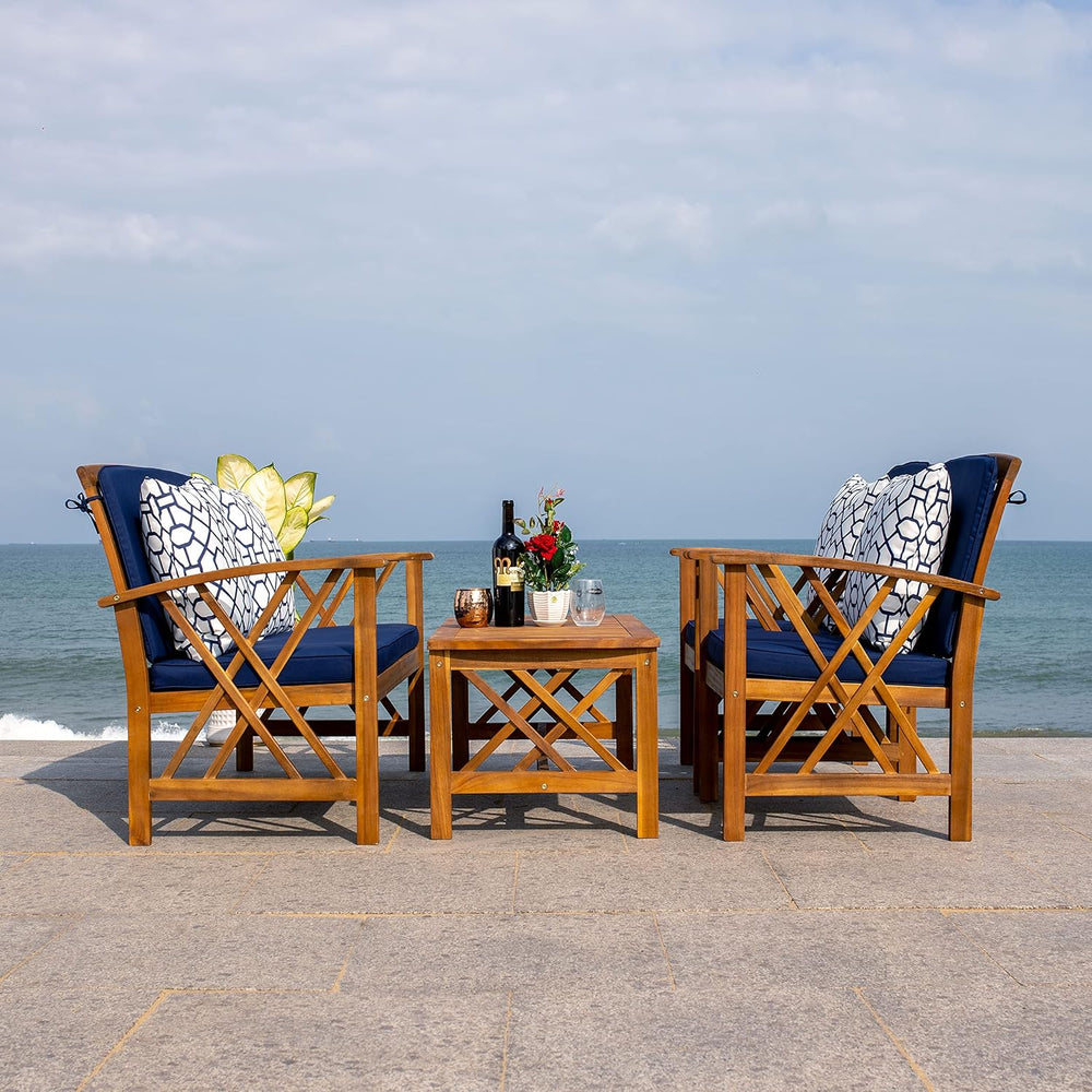 SAFAVIEH Outdoor Collection Fontana Natural/ Navy Blue Cushions/ Geometric Pa...