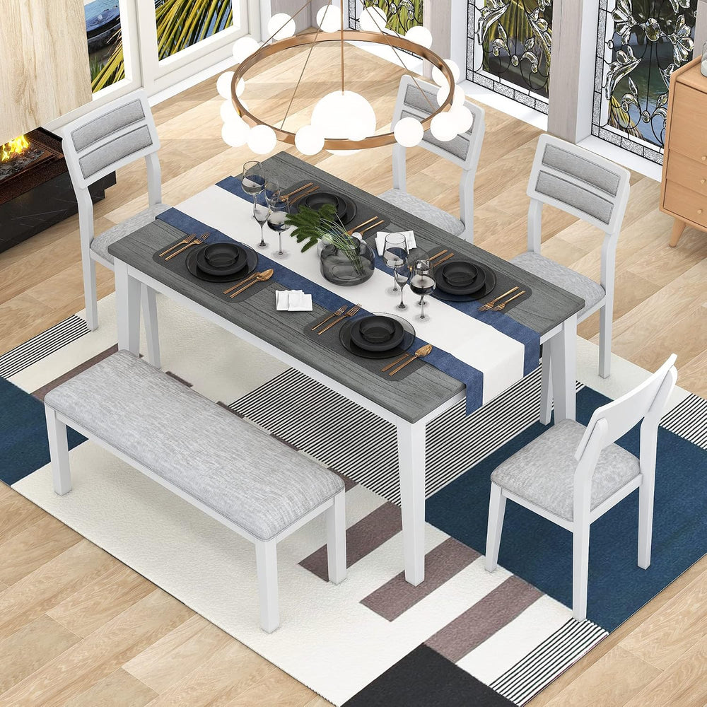 Classic Dining Table Set with Upholstered Chairs and Bench for 4-6, White
