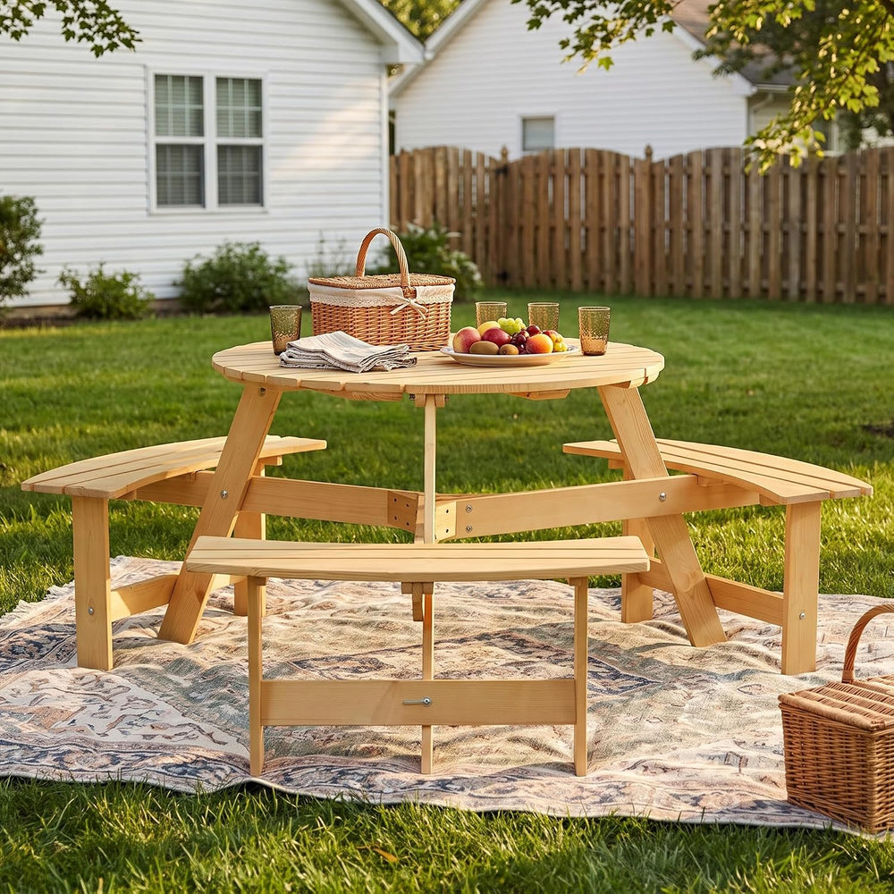Round 6 Person Outdoor Picnic Table with 3 Built-in Benches
