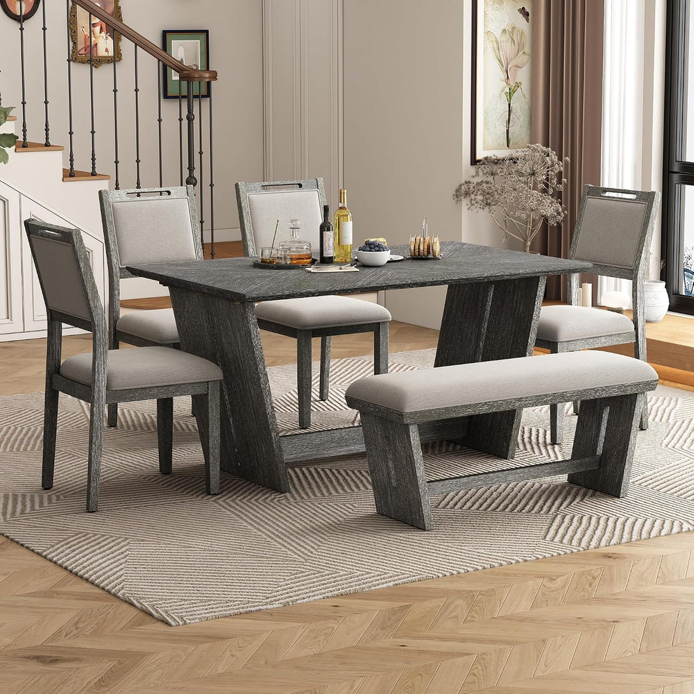 Merax 6-Piece Retro Dining Set, 1 Rectangular Table with Stable Trapezoidal T...