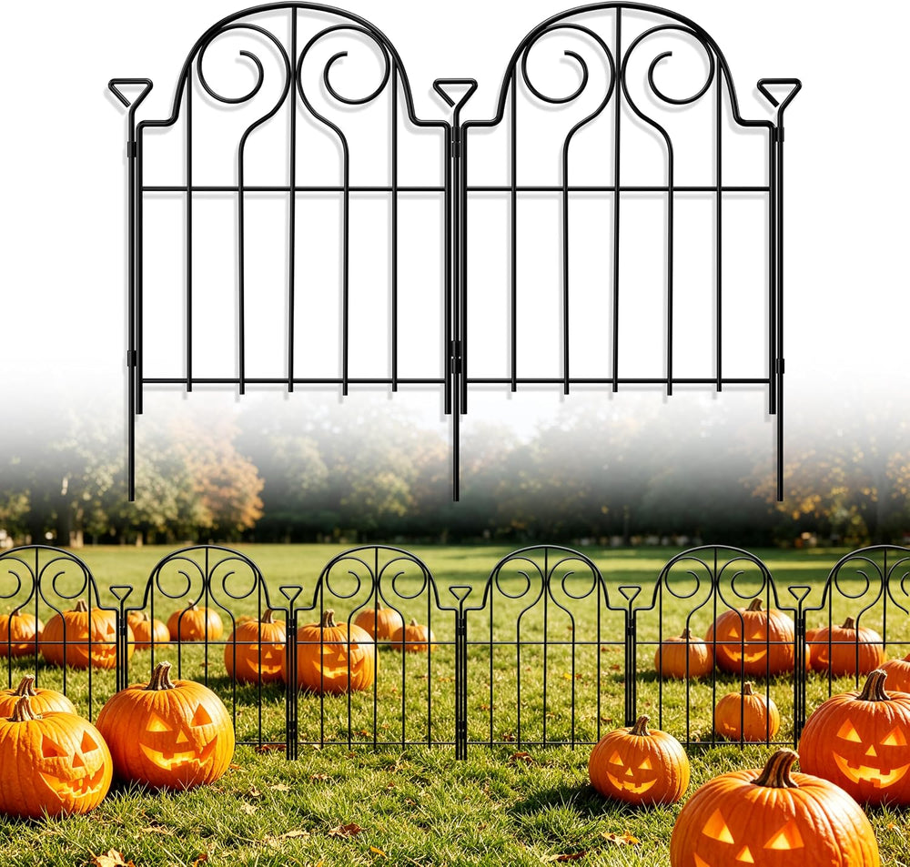 Decorative Garden Fence 17in x 10ft,10 Panels,Metal Halloween Fence Black