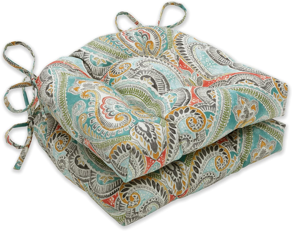 Pillow Perfect Paisley Indoor/Outdoor Chairpad with Ties, Reversible, Tufted,...