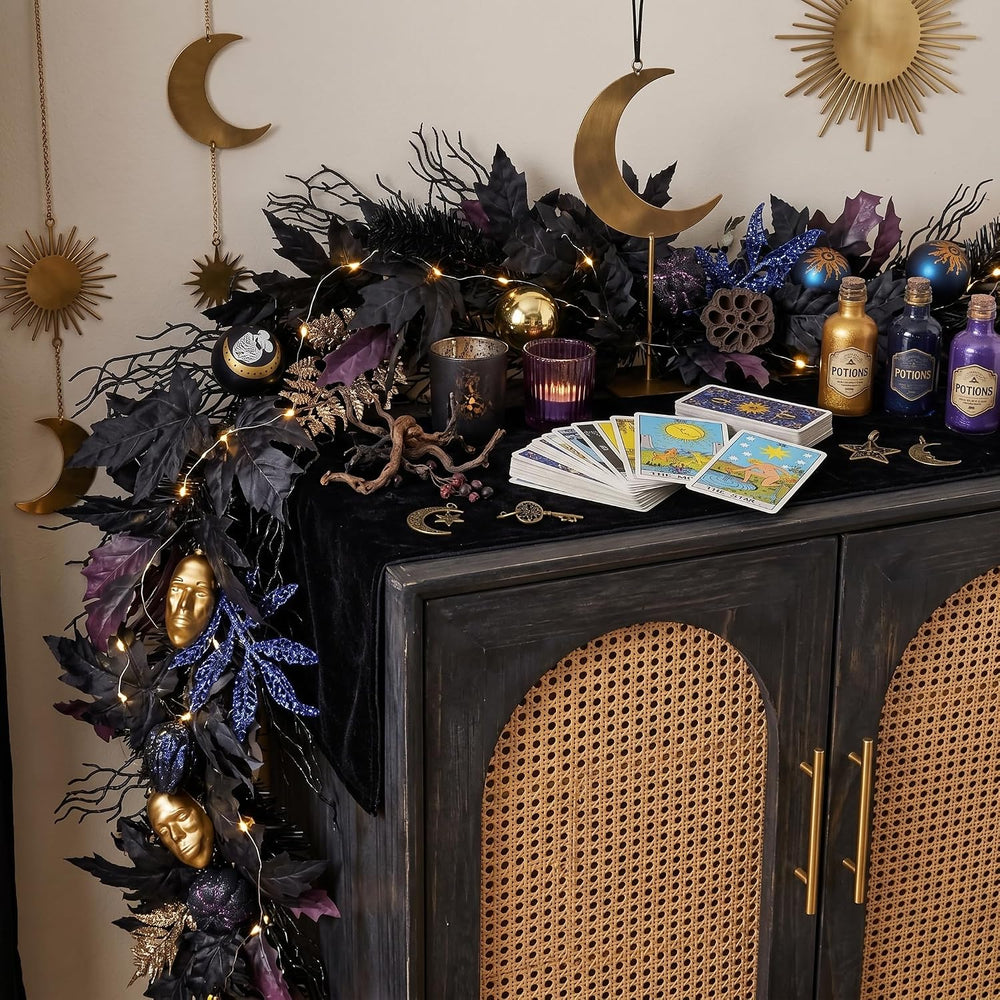 DecorbyHannah 6ft Halloween Garland for Mantle with Lights Black Leaf Decor