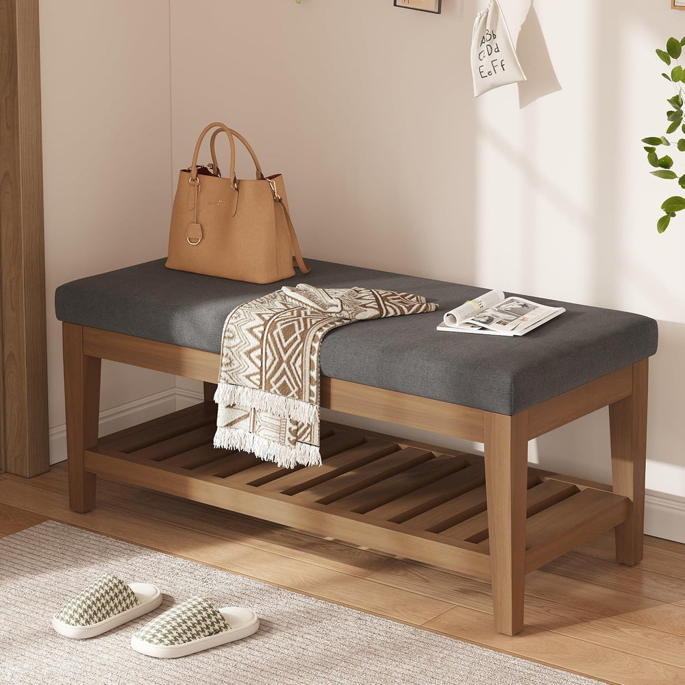 Apicizon 45" Shoe Rack Bench with Upholstered Cushion, Solid Rubberwood ...