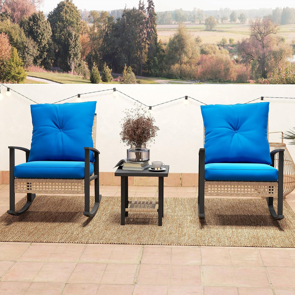 Outsunny 3 Pieces Rocking Wicker Outdoor Bistro Set Porch Chairs Dark Blue